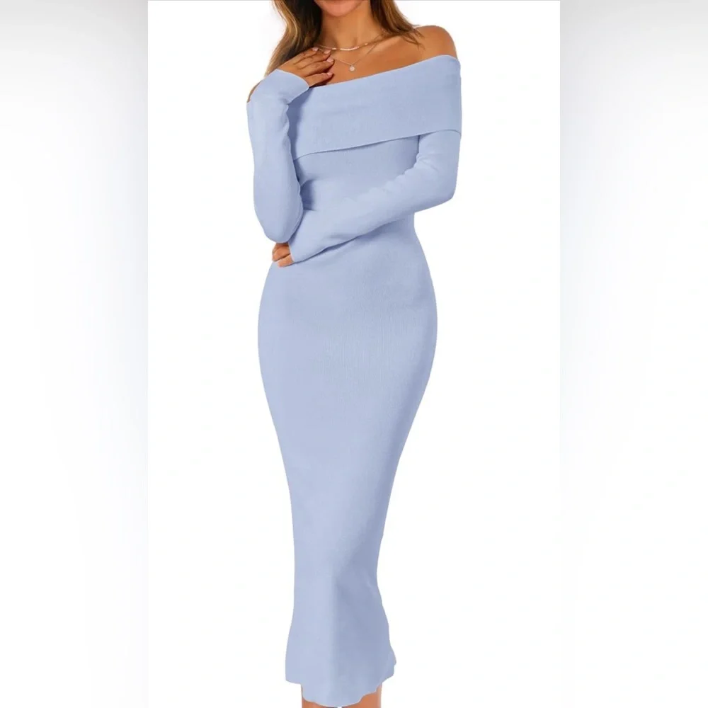 MEROKEETY Shoulder Bodycon Sweater Dress Formal Long Sleeve Elegant Midi Dresses - Picture 4 of 5